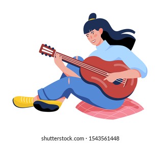 Girl sitting and playing acoustic guitar. Teen with a music instrument. Young perfomer, rock musician. Vector illustration in cartoon style