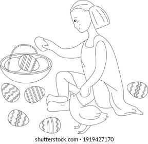 Girl sitting and playing with Easter festive eggs. Linear, contour, black and white illustration. Can be used for coloring page