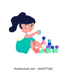 Girl sitting and  playing toys pyramid. Cute girl baby toddler having curious playtime with blocks. Vector illustration isolated on white background. Flat design.