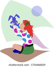 Girl sitting and plays with a teddy hare.  
The girl has red hair. Blue and pink donuts are painted on her shirt. On the background geometric shapes of light colors. Сhildren's illustration.