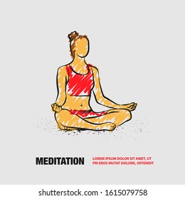 Girl sitting pose of meditation and relaxation. Vector outline of woman practices yoga with scribble doodles style.