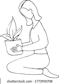 
Girl sitting with a pot with a plant in her hands. Cartoon flat style character. Hand drawn concept vector illustration.