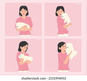 A girl is sitting with a puppy and taking four pictures. flat design style vector illustration.