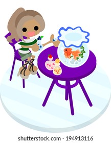 The girl sitting at the purple table which a goldfish basin was put, and eats a candy.