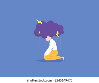 a girl is sitting in the rain and lightning. bad mood condition, stress, depression, loneliness, feeling alone, moody, or sad. mental health problems. illustration concept design. vector elements