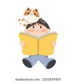Girl sitting read book with cat 