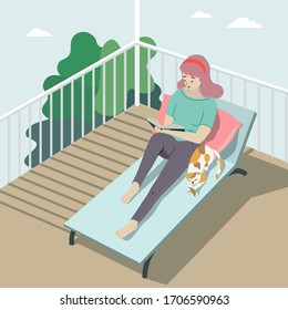 Girl sitting, reading alone with sleeping cat on balcony. Stay safe at home. Flat color vector illustration.