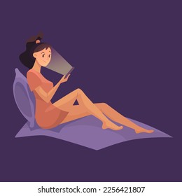 Girl sitting reading in bed before sleep illustration. Cartoon girl sitting and reading using cellphone on purple background. Internet addiction, night time, entertainment concept
