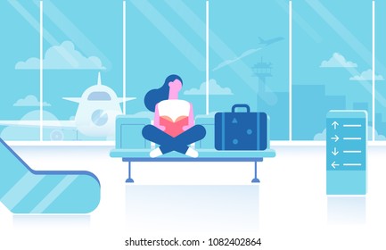 Girl  sitting  and reading book in airport terminal. Travel concept. Tourist, passenger. Flat vector set.