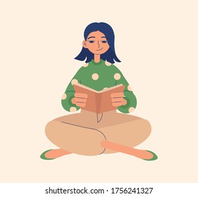 Girl sitting and reading book. Flat, line, vector illustration, character
