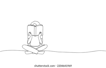 Girl sitting and reading book. Hand draw line art out line continuous line. Vector illustration