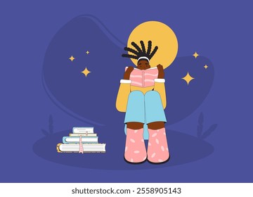 Girl sitting and reading a book under the night sky with stars and a full moon. Vector flat illustration