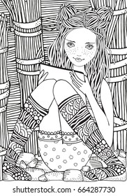 A girl is sitting and reading, using a tablet, laptop and mobile phone. Adult Coloring book page. Zentangle style. Black and white.