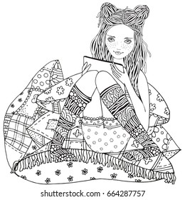 A girl is sitting and reading, using a tablet, laptop and mobile phone. Adult Coloring book page. Zentangle style. Black and white.