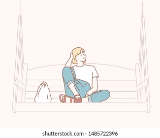 A girl sitting relaxed on a bench and having a rest. Hand drawn style vector design illustrations.