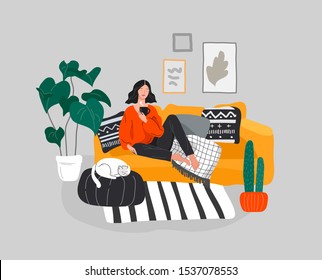 Girl girl sitting and resting on the couch with a cat and coffee. Daily life and everyday routine scene by young woman in scandinavian style cozy interior with homeplants. Cartoon vector illustration.