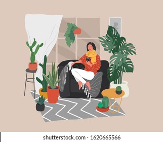 Girl sitting and resting on the couch with a cat and coffee. Daily life and everyday routine scene by young woman in scandinavian style cozy interior with homeplants. Cartoon vector illustration.