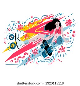 Girl sitting in roller skates flat hand drawn vector illustration for poster, banner design. Sportswoman cartoon character with lightnings on background.