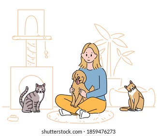 A girl is sitting in the room   holding dog  There are cats around  hand drawn style vector design illustrations  