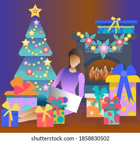 The girl is sitting in a room near the Christmas tree and fireplace, surrounded by gifts. A young woman communicates on a laptop. New year vector illustration in cartoon style. Bright Christmas gifts.