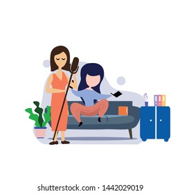 girl sitting in the room on the sofa playing Music. Vector flat illustration.template, cartoon style