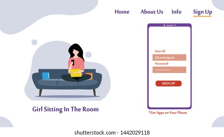 A girl sitting in the room on the sofa playing with gadget. Vector flat illustration.landing page template, cartoon style