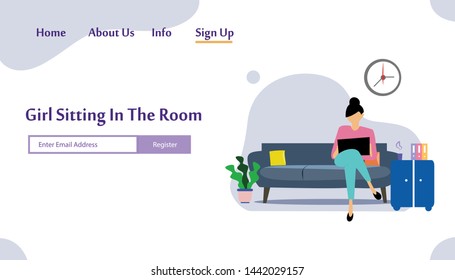 A girl sitting in the room on the sofa playing with gadget. Vector flat illustration.landing page template, cartoon style