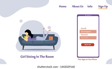 A girl sitting in the room on the sofa playing with gadget. Vector flat illustration.landing page template, cartoon style