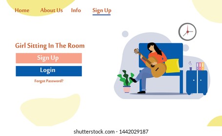 girl sitting in the room on the sofa playing Music. Vector flat illustration.landing page template, cartoon style