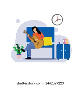 girl sitting in the room on the sofa playing Guitar. Vector flat illustration.template, cartoon style