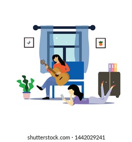 girl sitting in the room on the sofa playing Guitar. Vector flat illustration.template, cartoon style