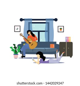 girl sitting in the room on the sofa playing Guitar. Vector flat illustration.template, cartoon style