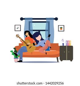 girl sitting in the room on the sofa playing Guitar. Vector flat illustration.template, cartoon style