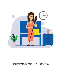 girl sitting in the room on the sofa playing Music. Vector flat illustration.template, cartoon style