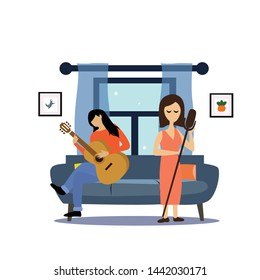 girl sitting in the room on the sofa playing Music. Vector flat illustration.template, cartoon style