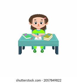 girl sitting school table, studying, writing with uniform. Kids character illustration. Cartoon vector illustration for banner, education, parenting, poster, advertisement, asset and etc.