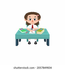 girl sitting school table, studying, writing with uniform. Kids character illustration. Cartoon vector illustration for banner, education, parenting, poster, advertisement, asset and etc.