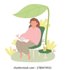 A girl is sitting in the shade of leaves and reading a book. hand drawn style vector design illustrations. 