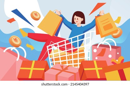 Girl sitting in shopping cart with shopping bags in hand, vector illustration