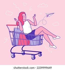 A girl sitting in a shopping cart. Discounts and sales. Shopping online. Big discount. black friday. pays online, safe payment system.  Trend vector flat illustration.