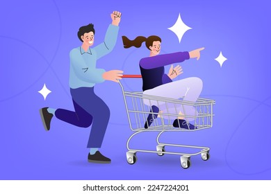 Girl sitting in a shopping cart. Young woman drive cart and smile enjoying with happy shopping. Discounts and sales. Big discount. black friday. pays online, safe payment system. Trend vector flat.
