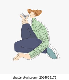 The girl is sitting in sneakers and drinking wine from a glass. Vector illustration in a modern style with hypertrophied limbs.