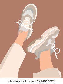 The girl is sitting in sneakers. Modern sneakers on a simple background. Fashionable vector illustration for web, logo design and printing. Nice sneakers and pants.