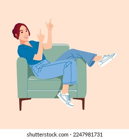 girl sitting in sofa pointing finger up
