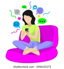 girl sitting in sofa and surfing internet on her smartphone. young woman using social network at home. Online search and communication. Flat cartoon vector illustration.