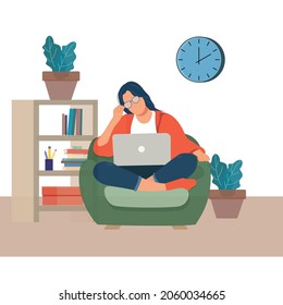 girl sitting sofa using laptop flat art