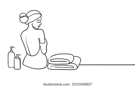 Menina sentada no spa desenho de arte de linha contínua isolado no fundo branco. Relaxe. Ilustração vetorial