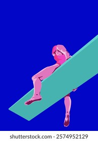 Girl is sitting at a springboard. Diving from a springboard. Vector illustration.