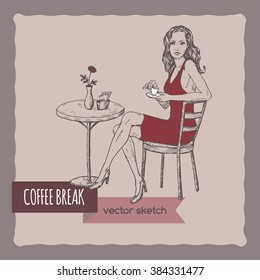 Girl sitting in a street cafe with a cup of coffee hand drawn sketch. Great for coffee, restaurant, cafe ads, brochures, labels.