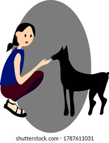 
girl sitting and stroking a doberman dog, love for animals